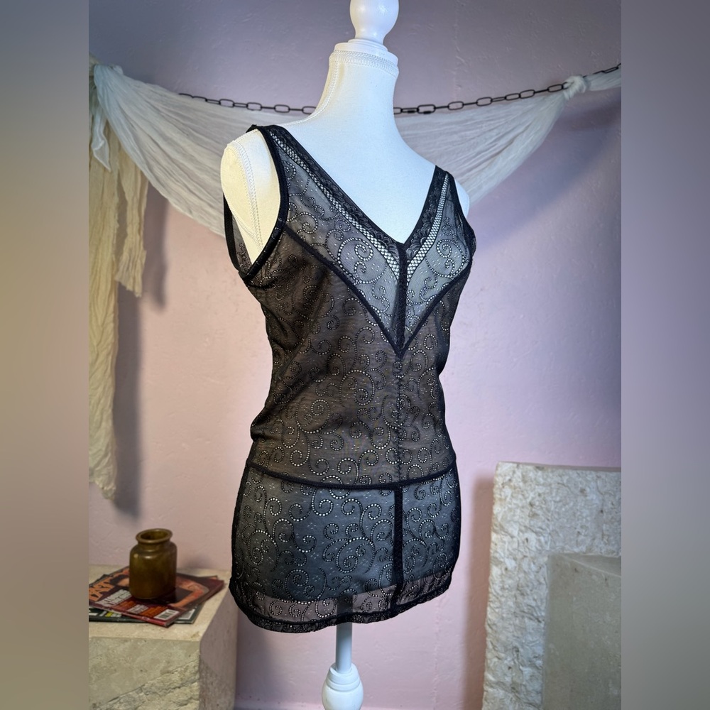 Vintage sheer black swirl lace mini slip dress • y2k mesh lingerie top
